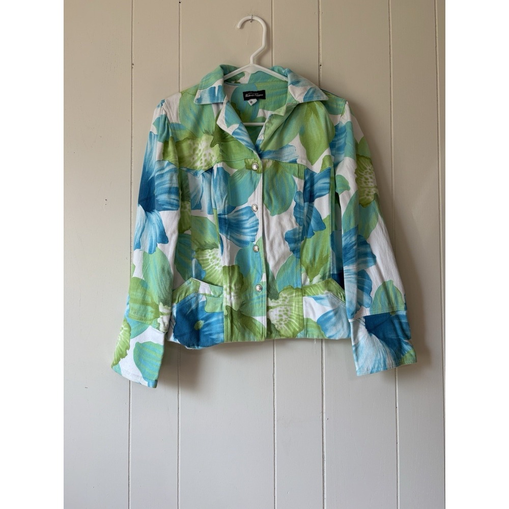 Victoria Pappas Women's Floral Print Jacket Size 4 Blue Green Casual Blazer